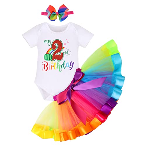 FYMNSI Kleinkinder Baby Mädchen 2. Zweiter Geburtstag Outfit 2 Jahre Party Regenbogen Tütü Rock Kurzarm Strampler Body Stirnband Bekleidungsset Fotoshooting Karneval Fasching Kostüm 2 Jahre von FYMNSI