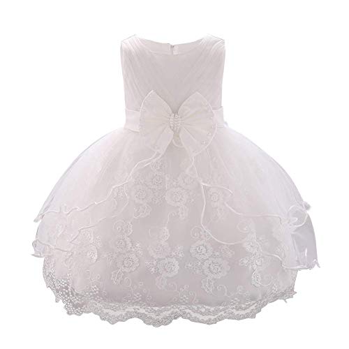 Kleinkinder Baby Mädchen Kleid, Prinzessin Tütü Partykleid Elegant Spitze Blumen Tüll Abendkleid Hochzeit Brautjungfer Festliches Festkleid Schleife Geburtstag Taufkleid Ballkleid Weiß 12-18 Monate von FYMNSI