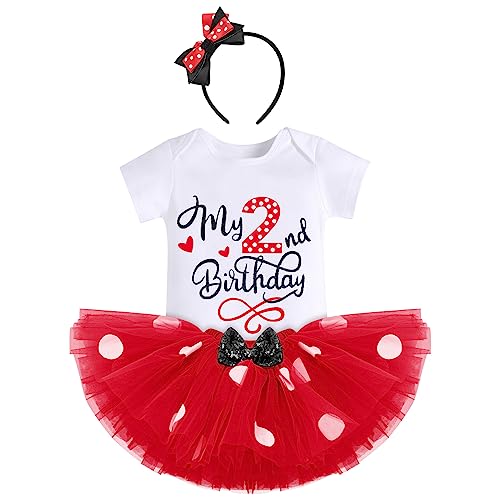 FYMNSI Kleinkinder Baby Mädchen Mein 2. Geburtstag Outfit Maus Kostüm Gepunktet Tütü Rock Baumwolle Kurzarm Body Strampler mit Ohr Stirnband 3tlg Sommer Bekleidungsset Rot - 2. Geburtstag 2 Jahre von FYMNSI