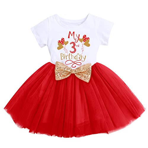 Kleinkinder Baby Mädchen Mein 3. Geburtstag Kleid Baumwolle Kurzarm Tutu Tüllkleid Pailletten Schleife A-Linie Prinzessin Partykleid Fotoshooting Outfit Kostüm Rot - Ballon 3. Geburtstag 3 Jahre von FYMNSI