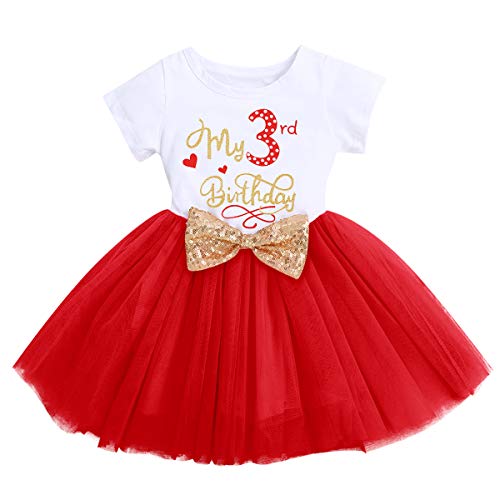 FYMNSI Kleinkinder Baby Mädchen Mein 3. Geburtstag Kleid Baumwolle Kurzarm Tutu Tüllkleid Pailletten Schleife A-Linie Prinzessin Partykleid Fotoshooting Outfit Rot von FYMNSI