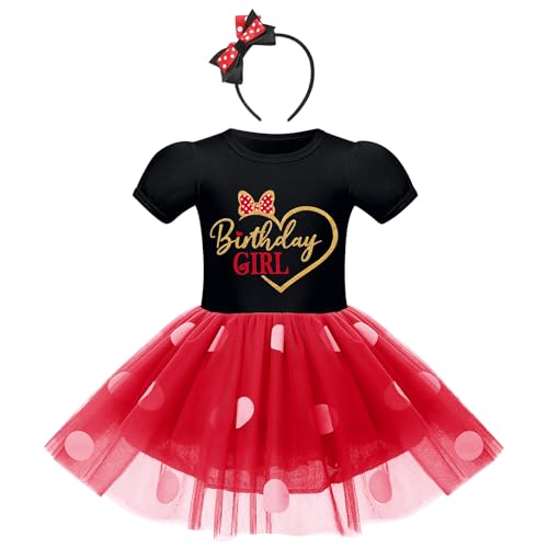 FYMNSI Kleinkinder Baby Mädchen Mouse Kostüm Geburtstag Partykleid Kurzarm Gepunktet Tutu Tüll Prinzessin Kleid Festkleid Halloween Weihnachtskleid mit Stirnband Fasching Karneval Schwarz+Rot 12-18M von FYMNSI