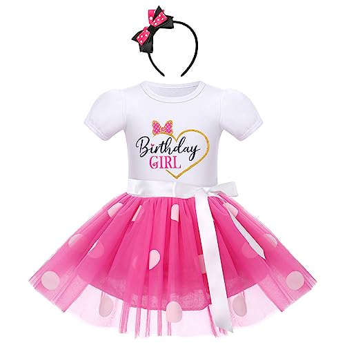 FYMNSI Kleinkinder Baby Mädchen Mouse Kostüm Geburtstag Partykleid Kurzarm Gepunktet Tutu Tüll Prinzessin Kleid Festkleid Halloween Weihnachtskleid mit Stirnband Fasching Karneval Weiß + Rose 12-18M von FYMNSI