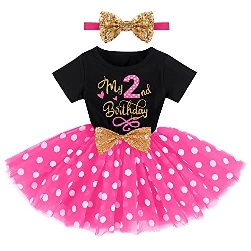 Kleinkinder Baby Mädchen Zweiter Mein 2. Geburtstag Partykleid Baumwolle Kurzarm Gepunktet Tutu Tüllkleid mit Pailletten Stirnband Prinzessin 2 Jahre Fotoshooting Kostüm Sommerkleid Schwarz + Rose von FYMNSI