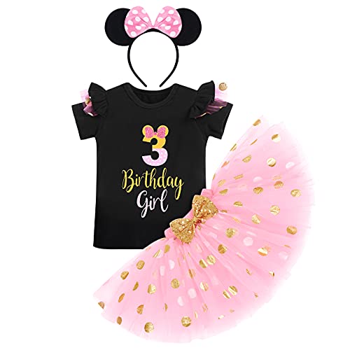 Kleinkinder Mädchen 3. Dritter Geburtstag Outfit Baumwolle Kurzarm T-Shirt Tops Gold Gepunktet Tütü Prinzessin Rock mit Ohr Stirnband 3tlg Bekleidungsset Schwarz + Rosa 3 Jahre von FYMNSI