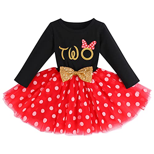 FYMNSI Kleinkinder Mädchen Mein 2. Geburtstag Partykleid Baumwolle Langarm Gepunktet Tutu Tüll Rock Prinzessin Festkleid Abendkleid Herbstkleid Fotoshooting Bekleidung Schwarz + Rot - Two von FYMNSI