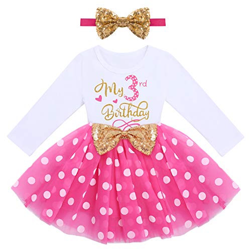 Kleinkinder Mädchen Mein 3. Geburtstag Kleid Baumwolle Langarm Gepunktet Tutu Tüllkleid A-Linie Prinzessin Partykleid mit Pailletten Schleife Stirnband 2tlg Set Fotoshooting Outfit Rose 3 Jahre von FYMNSI