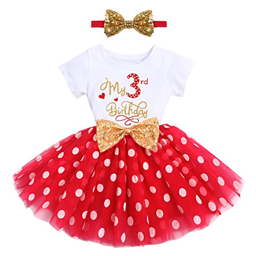 Kleinkinder Mädchen Mein 3. Geburtstag Kleid Kurzarm Tutu Tüllkleid Gepunktet Rock mit Pailletten Schleife Stirnband A-Linie Prinzessin Partykleid Fotoshooting Outfit Rot Mein 3. Geburtstag 3 Jahre von FYMNSI