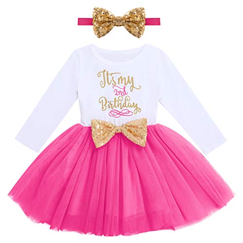 Kleinkinder Mädchen Mein Zweiter 2. Geburtstag Kleid Baumwolle Langarm Tutu Tüllkleid A-Linie Prinzessin Partykleid mit Pailletten Schleife Stirnband 2tlg Set Fotoshooting Outfit Rose 2 Jahre von FYMNSI