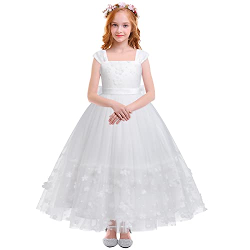 Kommunionskleid Mädchen Weiss Blumenmädchen Kleid Kinder Erstkommunion Langes Tüll Hochzeitskleid Brautjungfern Formal Abendkleid Cocktailkleid Feierliche Anlässe Maxikleid Ballkleid Weiß 13-14J von FYMNSI