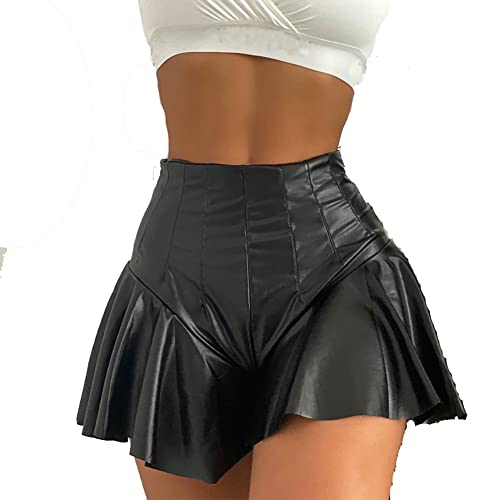 Leder Shorts Minirock f?r Damen Kurz Lederoptik Glanz PU Hose Push Up Kunstleder Hotpants Hohe Taille Mini Shorts Elastisch Kurze Rock Fasching Rave Tanz Nachtclub Karneval Gogo Clubwear Schwarz XL von FYMNSI