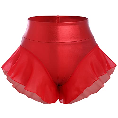 Leder Shorts f?r Damen Kurz Lederoptik Glanz PU Hose Push Up Kunstleder Hotpants Sexy Hohe Taille Mini Shorts Elastisch Chiffon Minirock Fasching Rave Tanz Nachtclub Karneval Gogo Clubwear Rot XL von FYMNSI