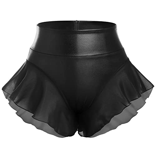 Leder Shorts f?r Damen Kurz Lederoptik Glanz PU Hose Push Up Kunstleder Hotpants Sexy Hohe Taille Mini Shorts Elastisch Chiffon Minirock Fasching Rave Tanz Nachtclub Karneval Gogo Clubwear Schwarz XL von FYMNSI