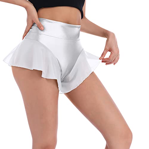 Leder Shorts f?r Damen Kurz Lederoptik Glanz PU Hose Push Up Kunstleder Hotpants Sexy Hohe Taille Mini Shorts Elastisch Chiffon Minirock Fasching Rave Tanz Nachtclub Karneval Gogo Clubwear Silber XL von FYMNSI