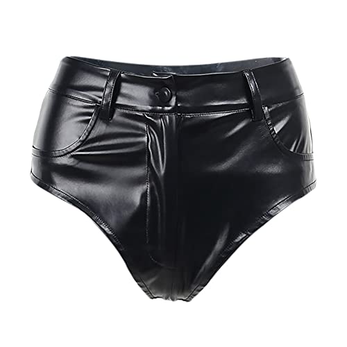 Leder Shorts für Damen Kurz Lederoptik Glanz PU Hose Push Up Kunstleder Hotpants Sexy Hohe Taille Mini Shorts Elastisch Kurze Hose Fasching Rave Tanz Nachtclub Karneval Gogo Clubwear Schwarz D L von FYMNSI