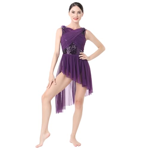 Lyrische Tanzkost�me Frauen Moderne Contemporary Tanz Kost�me Damen Ballettanzug �rmellos Tanzkleid Ballettkleid Pailletten T�llkleid Asymmetrische Gymnastik Leotard Kleid Ballett Trikot Lila L von FYMNSI