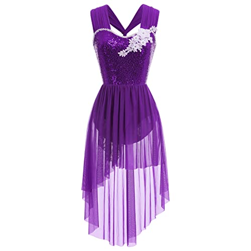 Lyrische Tanzkostüme Frauen Moderne Contemporary Tanz Kostüme Damen Ballettanzug Ärmellos Tanzkleid Ballettkleid Pailletten High Low Tüllkleid Gymnastik Leotard Kleid Ballett Trikot Lila XS von FYMNSI