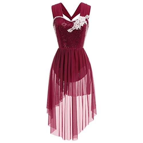 Lyrische Tanzkostüme Frauen Moderne Contemporary Tanz Kostüme Damen Ballettanzug Ärmellos Tanzkleid Ballettkleid Pailletten High Low Tüllkleid Gymnastik Leotard Kleid Ballett Trikot Weinrot XL von FYMNSI