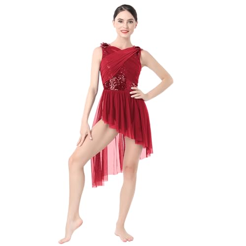 Lyrische Tanzkost�me Frauen Moderne Contemporary Tanz Kost�me Damen Ballettanzug �rmellos Tanzkleid Ballettkleid Pailletten T�llkleid Asymmetrische Gymnastik Leotard Kleid Ballett Trikot Dunkelrot S von FYMNSI
