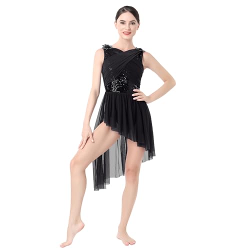 Lyrische Tanzkost�me Frauen Moderne Contemporary Tanz Kost�me Damen Ballettanzug �rmellos Tanzkleid Ballettkleid Pailletten T�llkleid Asymmetrische Gymnastik Leotard Kleid Ballett Trikot Schwarz M von FYMNSI