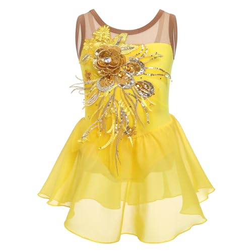 M?dchen Eiskunstlauf Kleid Pailletten Blumen Ballettkleid Chiffon Tanzkleid ?rmellos Turnanzug Gymnastikanzug Kinder Swing Skater Ballettkleidung Tanzkost?m Trikot Einteiler Body Gelb 11-12 Jahre von FYMNSI