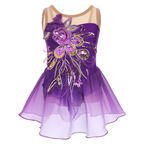 M?dchen Eiskunstlauf Kleid Pailletten Blumen Ballettkleid Chiffon Tanzkleid ?rmellos Turnanzug Gymnastikanzug Kinder Swing Skater Ballettkleidung Tanzkost?m Trikot Einteiler Body Lila 11-12 Jahre von FYMNSI