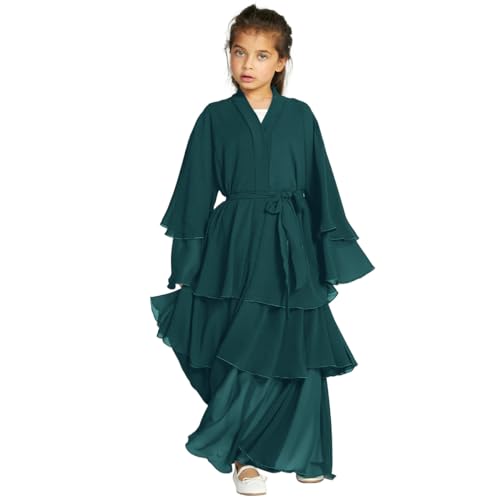 M?dchen Kleid Muslimisches Chiffon Gebetskleid Gebetskleidung f?r Kinder Abaya Einfarbig Vorne Offen Strickjacke Islamischer Naher Osten Dubai T?rkei Maxi Kaftan Kleider mit Hijab Dunkelgr?n 13-14J von FYMNSI