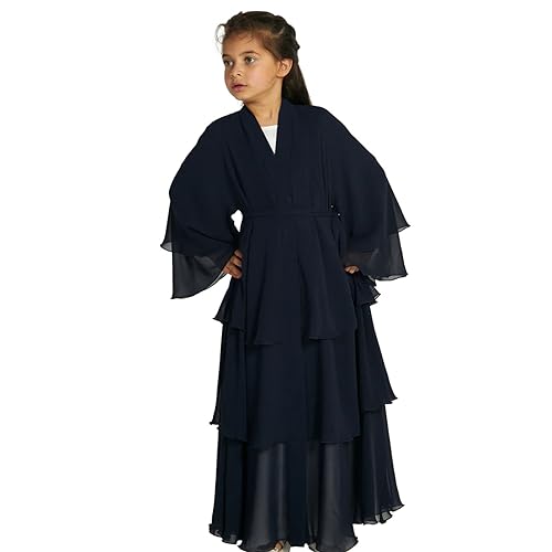 M?dchen Kleid Muslimisches Chiffon Gebetskleid Gebetskleidung f?r Kinder Abaya Einfarbig Vorne Offen Strickjacke Islamischer Naher Osten Dubai T?rkei Maxi Kaftan Kleider mit Hijab Schwarz 9-10 Jahre von FYMNSI