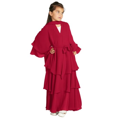 M?dchen Kleid Muslimisches Chiffon Gebetskleid Gebetskleidung f?r Kinder Abaya Einfarbig Vorne Offen Strickjacke Islamischer Naher Osten Dubai T?rkei Maxi Kaftan Kleider mit Hijab Weinrot 7-8 Jahre von FYMNSI