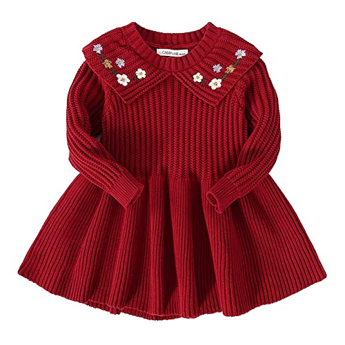 M?dchen Pullover Kleid Baby Kinder Herbst Winter Warm H?keln Langarm Strickkleid A-Linie Einfarbig Basic Freizeitkleid Gestrickte Partykleid Festliches Winterpulli Winterpullover Rot Stickerei 5-6J von FYMNSI