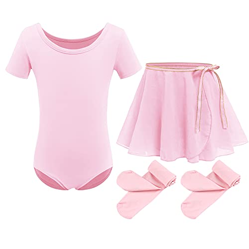 Mädchen Ballettkleidung Kinder Ballettkleid Baumwolle Kurzarm Balletttrikot Tanzbody Ballettanzug Tanzkleid Gymnastik Trikot mit Tütü Chiffon Wickelrock Strumpfhosen Set Tanzkleid Rosa 4-5 Jahre von FYMNSI