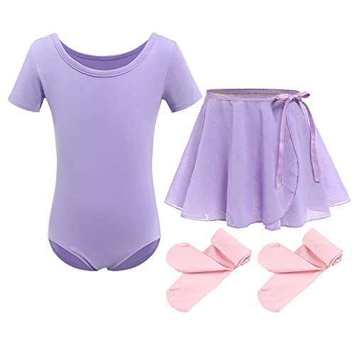 Mädchen Ballettkleidung Kinder Ballettkleid Baumwolle Kurzarm Balletttrikot Tanzbody Ballettanzug Tanzkleid Gymnastik Trikot mit Tütü Chiffon Wickelrock Strumpfhosen Set Tanzkleid Violett 4-5 Jahre von FYMNSI