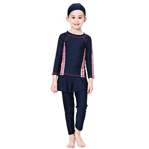 Mädchen Bescheidene Muslimische Bademode Burkini UPF 50+ Langarm Top Shirt Hose Badekappe Islamischer Hijab Kinder Modest Badeanzug Islamische Schwimmanzug UV Schutz Anzug Marineblau + Rose 7-8 Jahre von FYMNSI