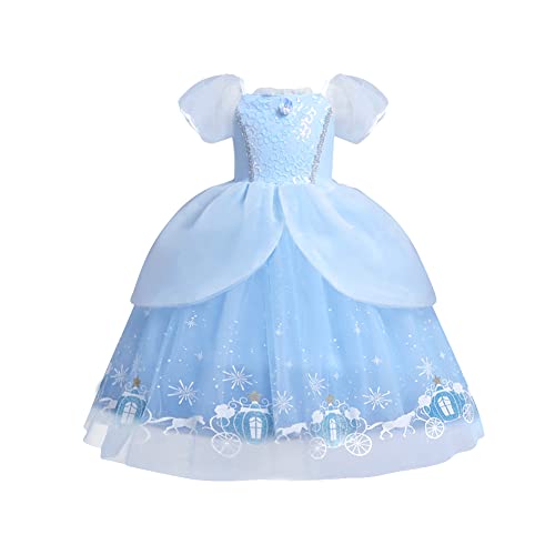 Mädchen Cinderella Kostüm Kinder Aschenputtel Kleid Karneval Fasching Cosplay Kurzarm Prinzessinenkleid Tüll Maxikleid Halloween Geburtstagsfeier Festliches Festkleid Verkleidung Himmelblau 5-6 Jahre von FYMNSI