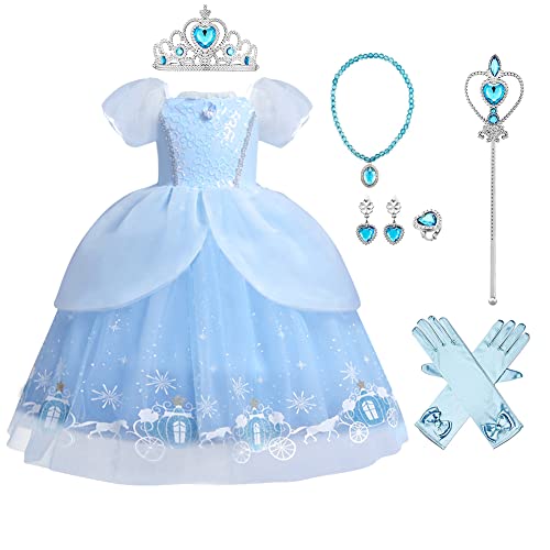 Mädchen Cinderella Kostüm Kinder Aschenputtel Kleid Karneval Fasching Cosplay Kurzarm Prinzessinenkleid Tüll Maxikleid Halloween Geburtstagsfeier Festliches Festkleid mit Zubehör Himmelblau 3-4 Jahre von FYMNSI