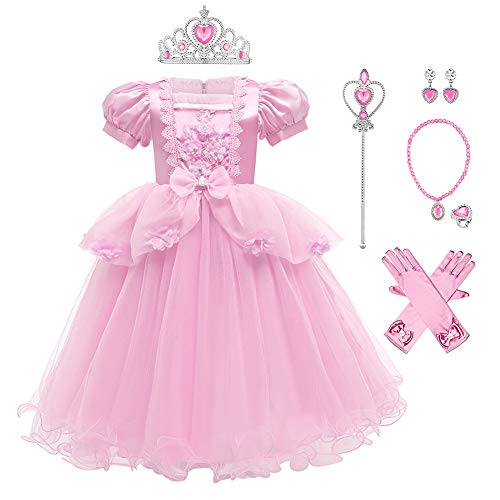 Mädchen Cinderella Kostüme Aschenputtel Prinzessin Maxikleid Halloween Fasching Karneval Cosplay Weihnachten Geburtstag Partykleid Kurzarm Ballkleid Festkleid Verkleidung mit Zubehör Rosa 7-8 Jahre von FYMNSI