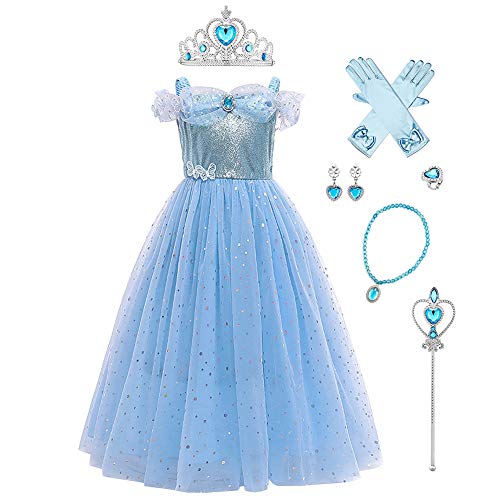 Mädchen Cinderella Kostüme Aschenputtel Prinzessin Tüll Maxikleid Halloween Fasching Karneval Cosplay Weihnachten Geburtstag Partykleid Schulterfrei Ballkleid Verkleidung mit Zubehör Blau 7-8 Jahre von FYMNSI
