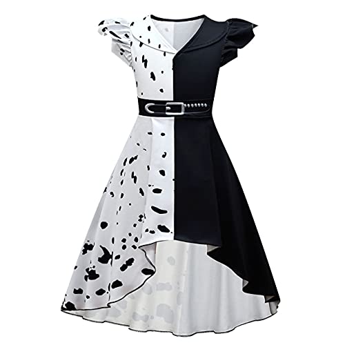 Mädchen Cruella Deville Costume Kleid, Kinder Cruella de Vil Cosplay Schwarz Weiß Vokuhila Dalmatinerkleid 101 Dalmatiner Charakter Verkleidung für Halloween Fasching Karneval Geburtstag Weiß 9-10J von FYMNSI