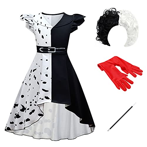 FYMNSI Mädchen Cruella Deville Kostüm Kinder Cruella de Vil Cosplay Schwarz Weiß Vokuhila Gepunktet Kleid Perücke Handschuhe Stange Set 101 Dalmatiner Verkleidung für Halloween Fasching 13-14 Jahre von FYMNSI