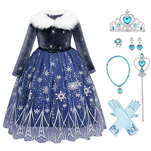 Mädchen Eiskönigin Kleid Prinzessin Schneekönigin Kostüm Schneeflocke Winter Langarm Samtkleid mit Zubehör Set Kinder Weihnachten Halloween Verkleidung Fasching Karneval Cosplay Dunkelblau 3-4 Jahre von FYMNSI