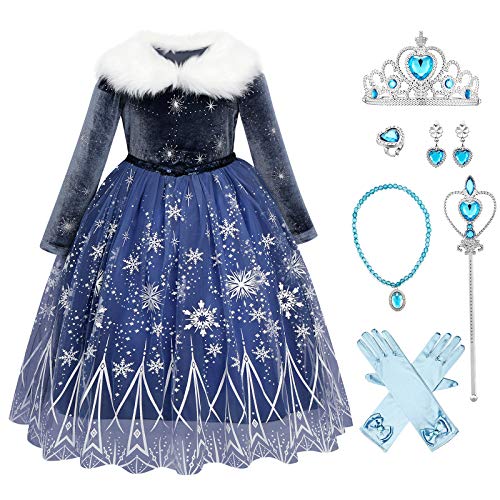 Mädchen Eiskönigin Kleid Prinzessin Schneekönigin Kostüm Schneeflocke Winter Langarm Samtkleid mit Zubehör Set Kinder Weihnachten Halloween Verkleidung Fasching Karneval Cosplay Dunkelblau 7-8 Jahre von FYMNSI