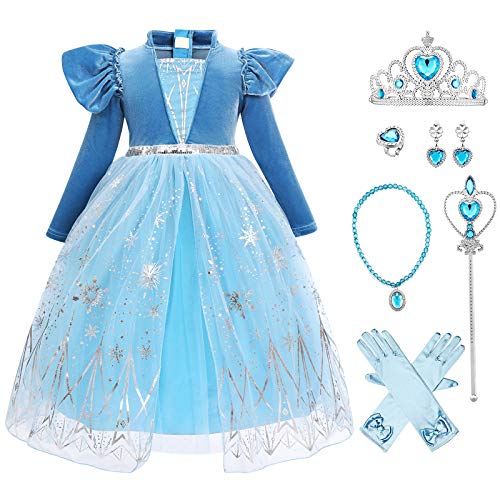 Mädchen Eiskönigin Kleid Prinzessin Schneekönigin Kostüm Schneeflocke Winter Langarm Samtkleid mit Zubehör Set Kinder Weihnachten Halloween Verkleidung Fasching Karneval Cosplay Hellblau 6-7 Jahre von FYMNSI
