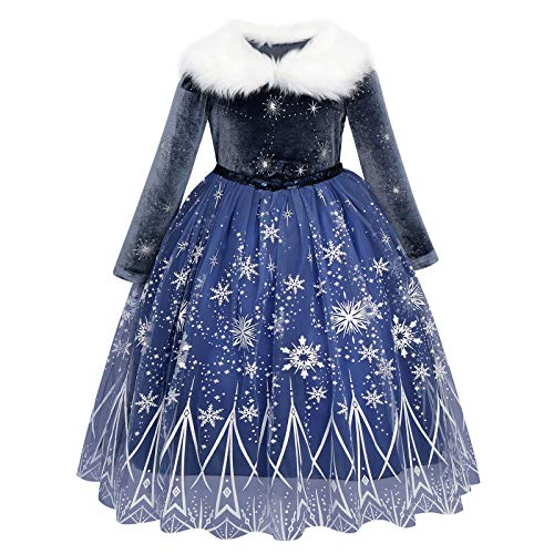 Mädchen Eiskönigin Prinzessin Kostüm Kleid Schneekönigin Schneeflocke Winter Langarm Samtkleid Kinder Weihnachten Halloween Verkleidung Fasching Karneval Cosplay Geburtstag Partykleid Dunkelblau 8-9J von FYMNSI