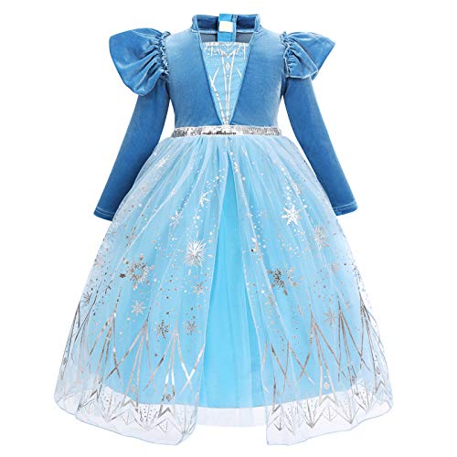 M?dchen Eisk?nigin Prinzessin Kost?m Kleid Schneek?nigin Schneeflocke Winter Langarm Samtkleid Kinder Weihnachten Halloween Verkleidung Fasching Karneval Cosplay Geburtstag Partykleid Himmelblau 8-9J von FYMNSI