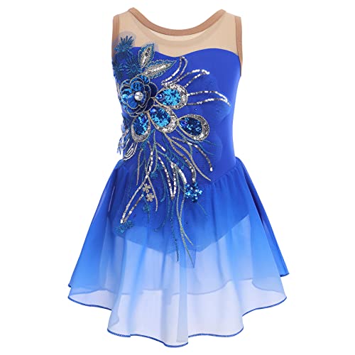 Mädchen Eiskunstlauf Kleid Pailletten Blumen Ballettkleid Chiffon Tanzkleid Ärmellos Turnanzug Gymnastikanzug Kinder Swing Skater Ballettkleidung Tanzkostüm Trikot Einteiler Body Königsblau 7-8 Jahre von FYMNSI