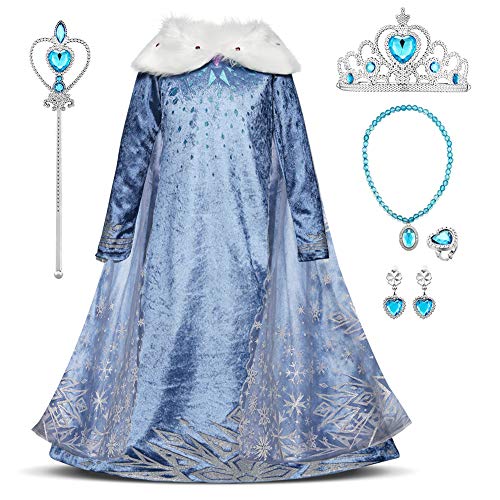 FYMNSI Mädchen Prinzessin Kostüm Eiskönigin Kleid Kinder Cosplay Prinzessinenkleid Karneval Fasching Verkleidung Eisprinzessin Weihnachten Halloween Partykleid Geburtstagskleid mit Zubehör 7-8 Jahre von FYMNSI