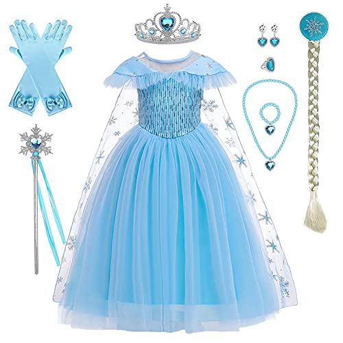 Mädchen Elsa Kostüm Eiskönigin Maxikleid mit Schneeflocke Umhang Zubehör Kinder Schneekönigin Prinzessin Cosplay Karneval Fasching Verkleidung Eisprinzessin Halloween Partykleid Eisblau 5-6 Jahre von FYMNSI