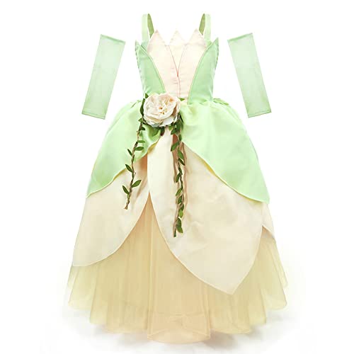 Mädchen Frosch Prinzessin Tiana Kostüm Cosplay Träger Maxi Abendkleid mit Handschuhen Outfit für Kinder Halloween Karneval Geburtstag Party Fasching Verkleidung Feen Costume Hellgrün 8-9 Jahre von FYMNSI