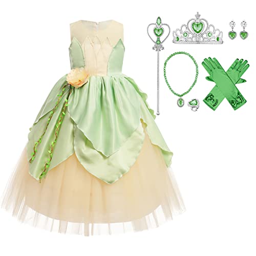 Mädchen Frosch Prinzessin Tiana Kostüm Cosplay Träger Maxi Langes Abendkleid Kleid mit Zubehör Outfit für Kinder Halloween Karneval Fasching Geburtstag Party Verkleidung Costume Hellgrün 4-5 Jahre von FYMNSI