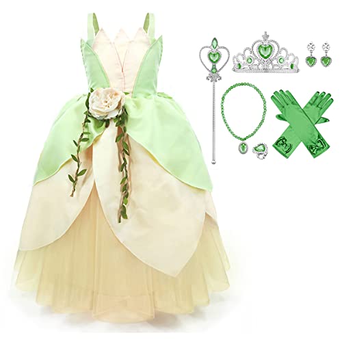 Mädchen Frosch Prinzessin Tiana Kostüm Cosplay Träger Maxi Langes Abendkleid Kleid mit Zubehör Outfit für Kinder Halloween Karneval Fasching Geburtstag Party Verkleidung Costume Hellgrün 6-7 Jahre von FYMNSI